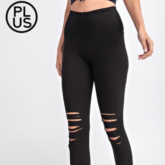 3X PLUS SIZE LASER CUT YOGA BAND BLACK LEGGINGS - Picture 2 of 3